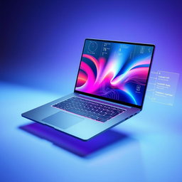 A futuristic laptop concept art featuring a sleek, ultra-thin design, a touch screen that extends edge-to-edge, with a shimmering metallic finish in space gray