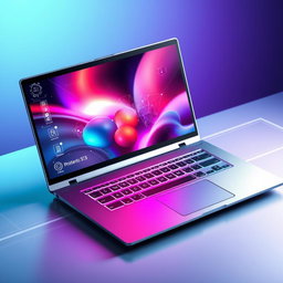 A futuristic laptop concept art featuring a sleek, ultra-thin design, a touch screen that extends edge-to-edge, with a shimmering metallic finish in space gray