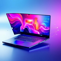 A futuristic laptop concept art featuring a sleek, ultra-thin design, a touch screen that extends edge-to-edge, with a shimmering metallic finish in space gray