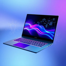 A futuristic laptop concept art featuring a sleek, ultra-thin design, a touch screen that extends edge-to-edge, with a shimmering metallic finish in space gray