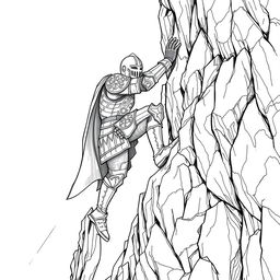A detailed line drawing of a knight clinging to a mountain ledge