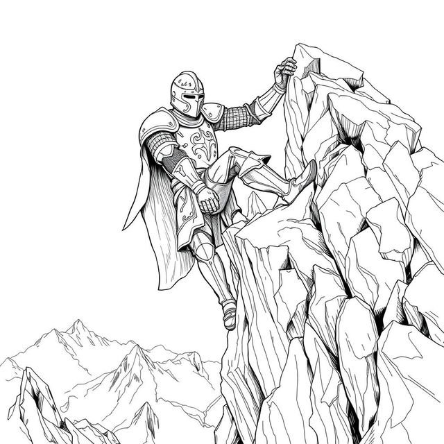 A detailed line drawing of a knight clinging to a mountain ledge