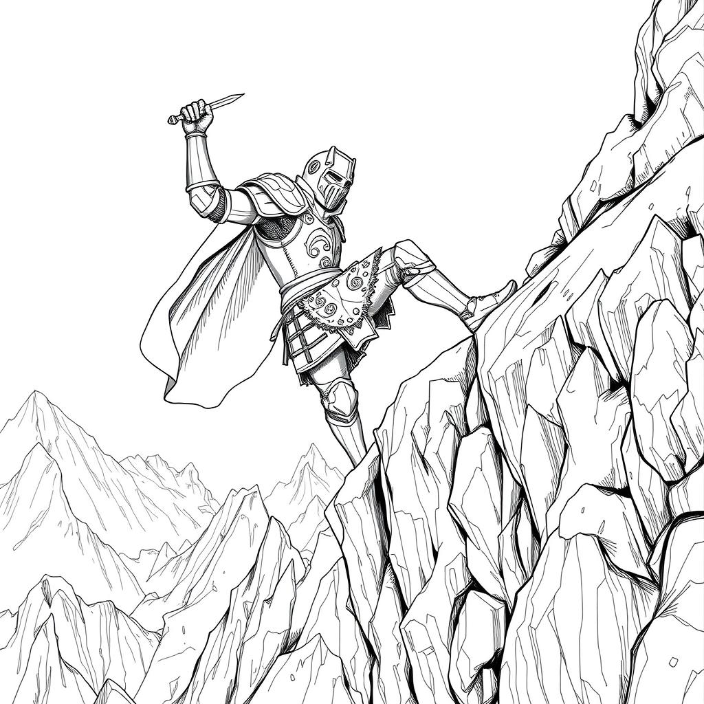 A detailed line drawing of a knight clinging to a mountain ledge