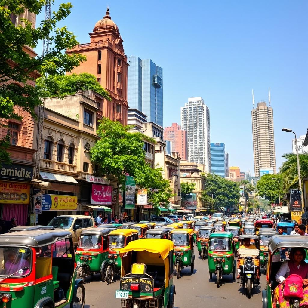 A vibrant cityscape of Dhaka, Bangladesh, showcasing the busy streets filled with rickshaws, bustling markets, and colorful street vendors