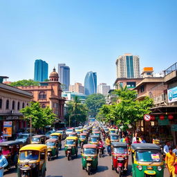 A vibrant cityscape of Dhaka, Bangladesh, showcasing the busy streets filled with rickshaws, bustling markets, and colorful street vendors