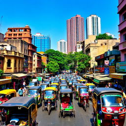 A vibrant cityscape of Dhaka, Bangladesh, showcasing the busy streets filled with rickshaws, bustling markets, and colorful street vendors