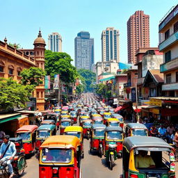 A vibrant cityscape of Dhaka, Bangladesh, showcasing the busy streets filled with rickshaws, bustling markets, and colorful street vendors