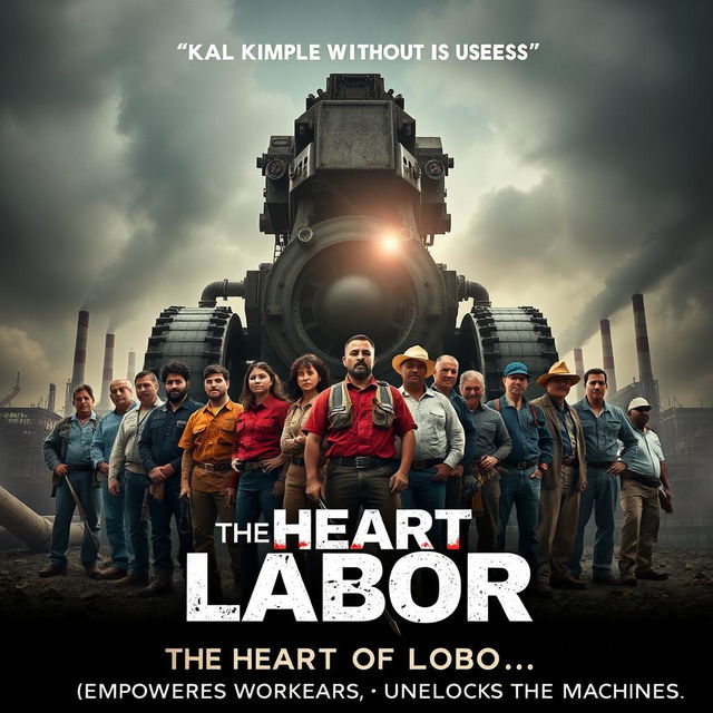 A thought-provoking movie poster centered around the principle "Machines without workers are useless" by Karl Marx