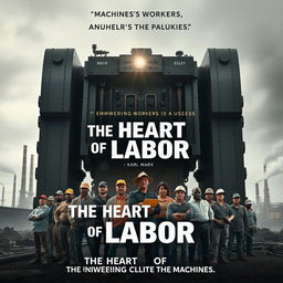 A thought-provoking movie poster centered around the principle "Machines without workers are useless" by Karl Marx