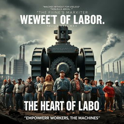 A thought-provoking movie poster centered around the principle "Machines without workers are useless" by Karl Marx