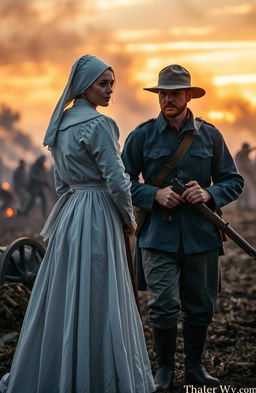A dramatic scene depicting a Civil War nurse in period-appropriate attire, complete with a white cap and a long, flowing dress, courageously facing off against a weary soldier in a tattered blue Union uniform, holding a musket