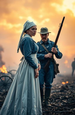 A dramatic scene depicting a Civil War nurse in period-appropriate attire, complete with a white cap and a long, flowing dress, courageously facing off against a weary soldier in a tattered blue Union uniform, holding a musket