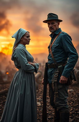 A dramatic scene depicting a Civil War nurse in period-appropriate attire, complete with a white cap and a long, flowing dress, courageously facing off against a weary soldier in a tattered blue Union uniform, holding a musket