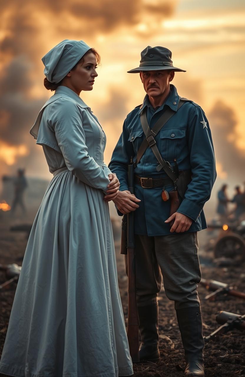 A dramatic scene depicting a Civil War nurse in period-appropriate attire, complete with a white cap and a long, flowing dress, courageously facing off against a weary soldier in a tattered blue Union uniform, holding a musket