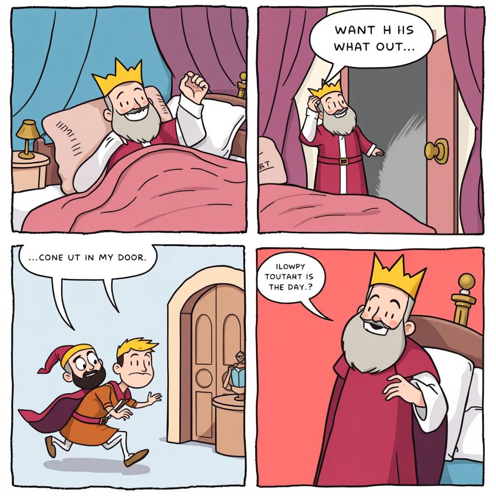 A lighthearted comic strip showcasing a king who has just woken up in his luxurious bed