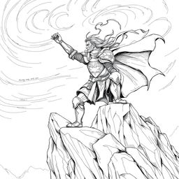 A detailed line drawing of a knight clinging to a mountain ledge by one hand, with the other hand reaching out for support