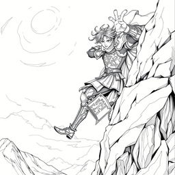 A detailed line drawing of a knight clinging to a mountain ledge by one hand, with the other hand reaching out for support