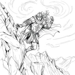 A detailed line drawing of a knight clinging to a mountain ledge by one hand, with the other hand reaching out for support