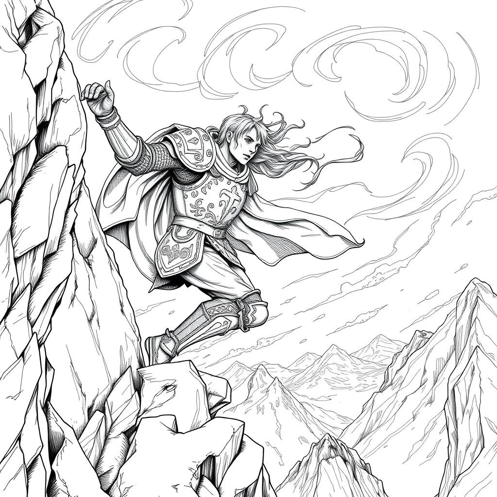 A detailed line drawing of a knight clinging to a mountain ledge by one hand, with the other hand reaching out for support