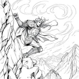 A detailed line drawing of a knight clinging to a mountain ledge by one hand, with the other hand reaching out for support