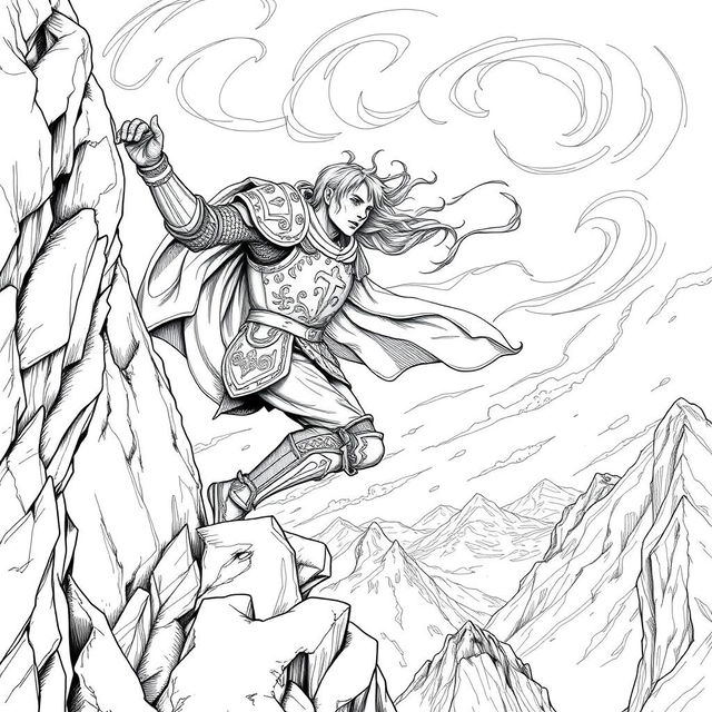A detailed line drawing of a knight clinging to a mountain ledge by one hand, with the other hand reaching out for support