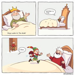 A lighthearted comic strip illustrating a king who has just woken up in his opulent bed