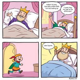 A lighthearted comic strip illustrating a king who has just woken up in his opulent bed