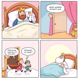 A lighthearted comic strip illustrating a king who has just woken up in his opulent bed