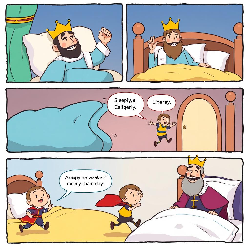 A lighthearted comic strip illustrating a king who has just woken up in his opulent bed