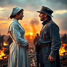 An intense scene showcasing a Civil War nurse, dressed in traditional nursing attire with a white cap and a long, flowing dress, angrily confronting a Civil War soldier in a worn, tattered blue Union uniform