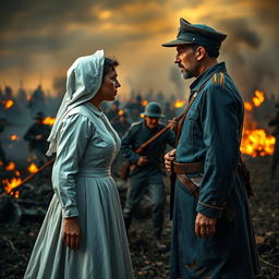 An intense scene showcasing a Civil War nurse, dressed in traditional nursing attire with a white cap and a long, flowing dress, angrily confronting a Civil War soldier in a worn, tattered blue Union uniform