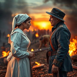 An intense scene showcasing a Civil War nurse, dressed in traditional nursing attire with a white cap and a long, flowing dress, angrily confronting a Civil War soldier in a worn, tattered blue Union uniform
