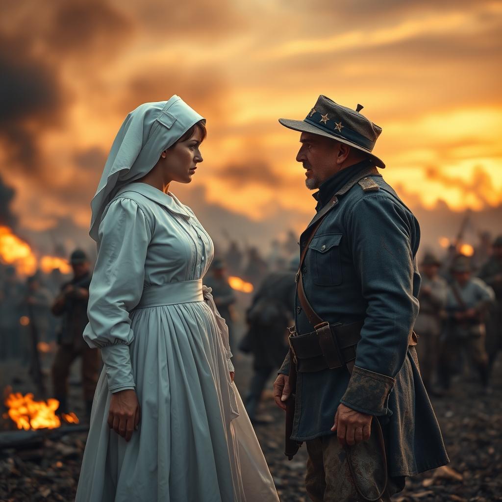 An intense scene showcasing a Civil War nurse, dressed in traditional nursing attire with a white cap and a long, flowing dress, angrily confronting a Civil War soldier in a worn, tattered blue Union uniform