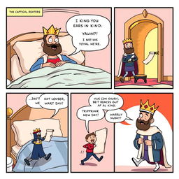 A humorous comic strip featuring a king who has just awakened in his lavish bed adorned with silk sheets and fluffy pillows
