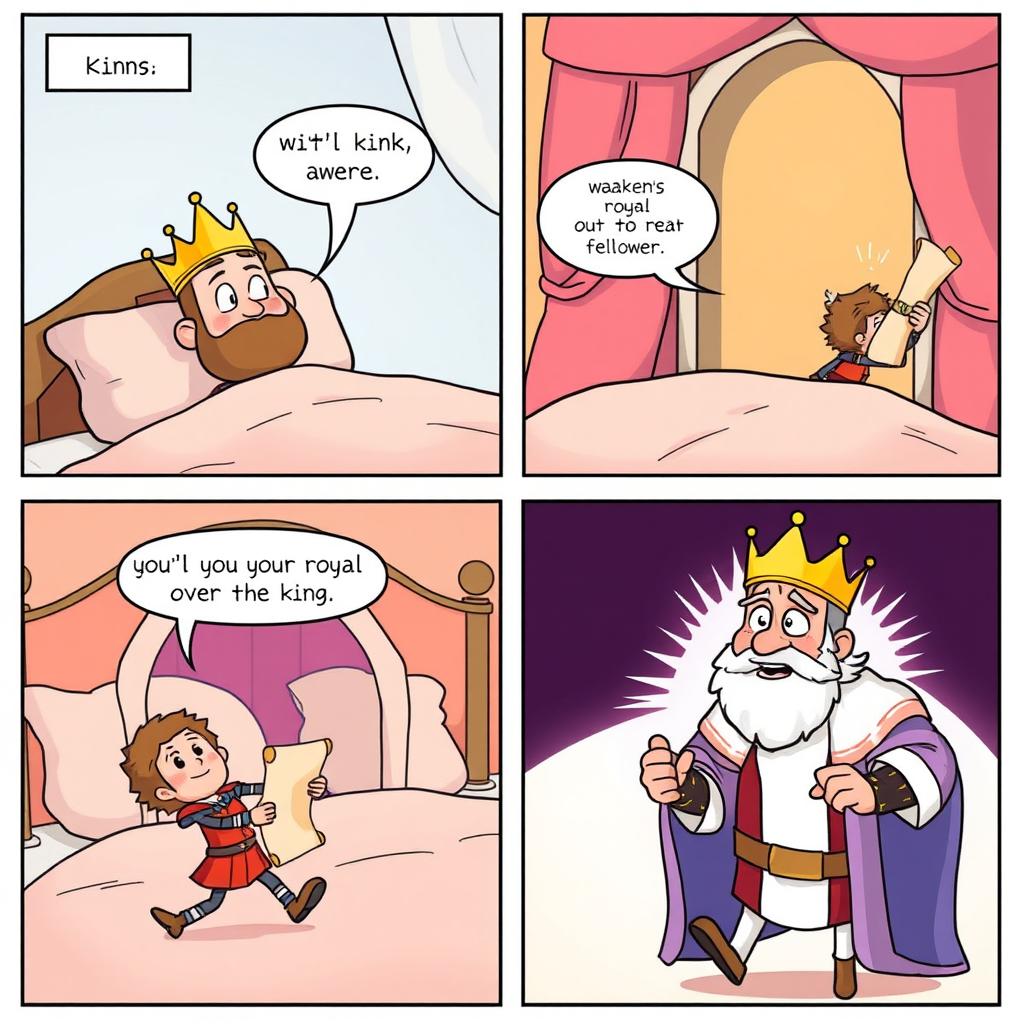 A humorous comic strip featuring a king who has just awakened in his lavish bed adorned with silk sheets and fluffy pillows