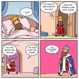 A humorous comic strip featuring a king who has just awakened in his lavish bed adorned with silk sheets and fluffy pillows