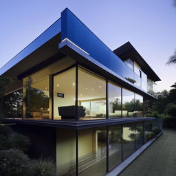 Modern house with minimalist design, sleek lines, and expansive glass windows reflecting the surrounding environment.