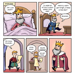 A humorous comic strip featuring a king who has just awakened in his lavish bed adorned with silk sheets and fluffy pillows