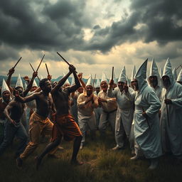 A powerful and dramatic scene depicting a tense confrontation between a group of enslaved individuals, showing their resilience and courage, and a group of Ku Klux Klan members in their distinctive white robes and hoods