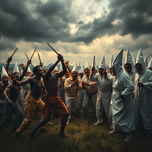 A powerful and dramatic scene depicting a tense confrontation between a group of enslaved individuals, showing their resilience and courage, and a group of Ku Klux Klan members in their distinctive white robes and hoods