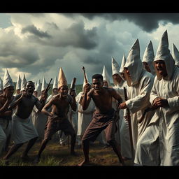 A powerful and dramatic scene depicting a tense confrontation between a group of enslaved individuals, showing their resilience and courage, and a group of Ku Klux Klan members in their distinctive white robes and hoods
