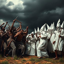 A powerful and dramatic scene depicting a tense confrontation between a group of enslaved individuals, showing their resilience and courage, and a group of Ku Klux Klan members in their distinctive white robes and hoods