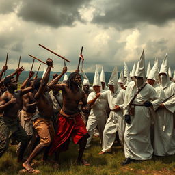 A powerful and dramatic scene depicting a tense confrontation between a group of enslaved individuals, showing their resilience and courage, and a group of Ku Klux Klan members in their distinctive white robes and hoods