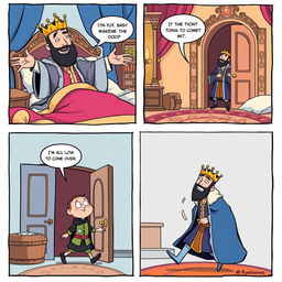 A whimsical comic strip featuring a king who has just woken up in his grand, opulent bedroom