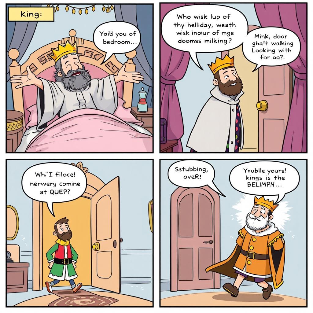 A whimsical comic strip featuring a king who has just woken up in his grand, opulent bedroom