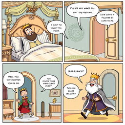 A whimsical comic strip featuring a king who has just woken up in his grand, opulent bedroom