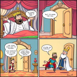 A whimsical comic strip featuring a king who has just woken up in his grand, opulent bedroom