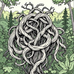 A captivating line drawing of thick ensnaring vines set against a lush forest background