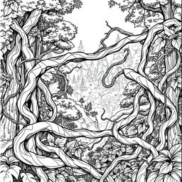 A captivating line drawing of thick ensnaring vines set against a lush forest background