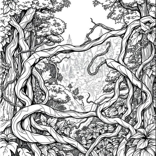 A captivating line drawing of thick ensnaring vines set against a lush forest background